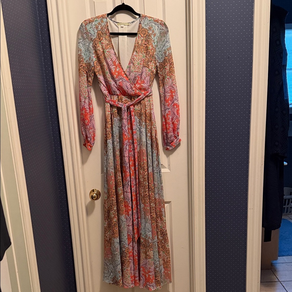 Gianni Bini Coral and Light Blue Floral Wrap Maxi Dress